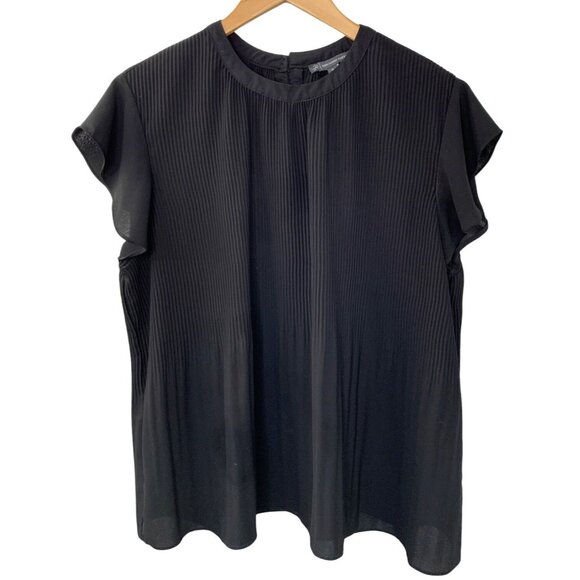 Adrianna Papell Womens Black Pleated Short Sleeve Blouse Top Size M Chiffon GUC - Picture 1 of 7